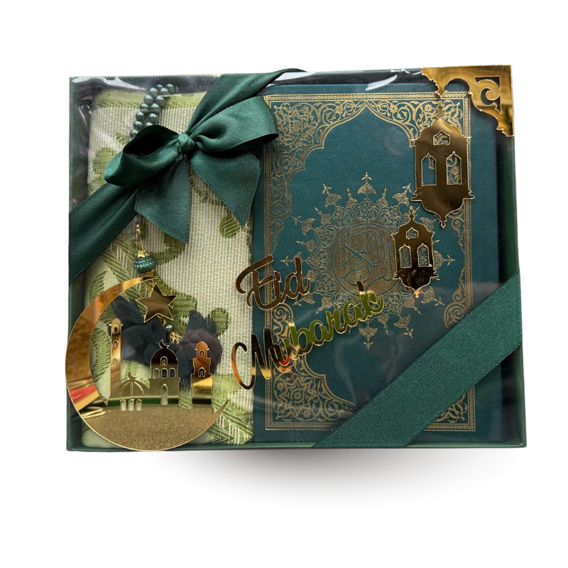 Coffret Eid Mubarak avec Coran arabe-français, tapis de prière et tasbih, édition Sana, design élégant, pour célébration religieuse.