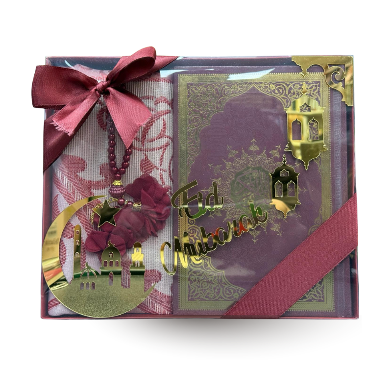 Coffret Eid Mubarak avec Coran arabe-français, tapis de prière et tasbih, édition Sana, design élégant et traditionnel.