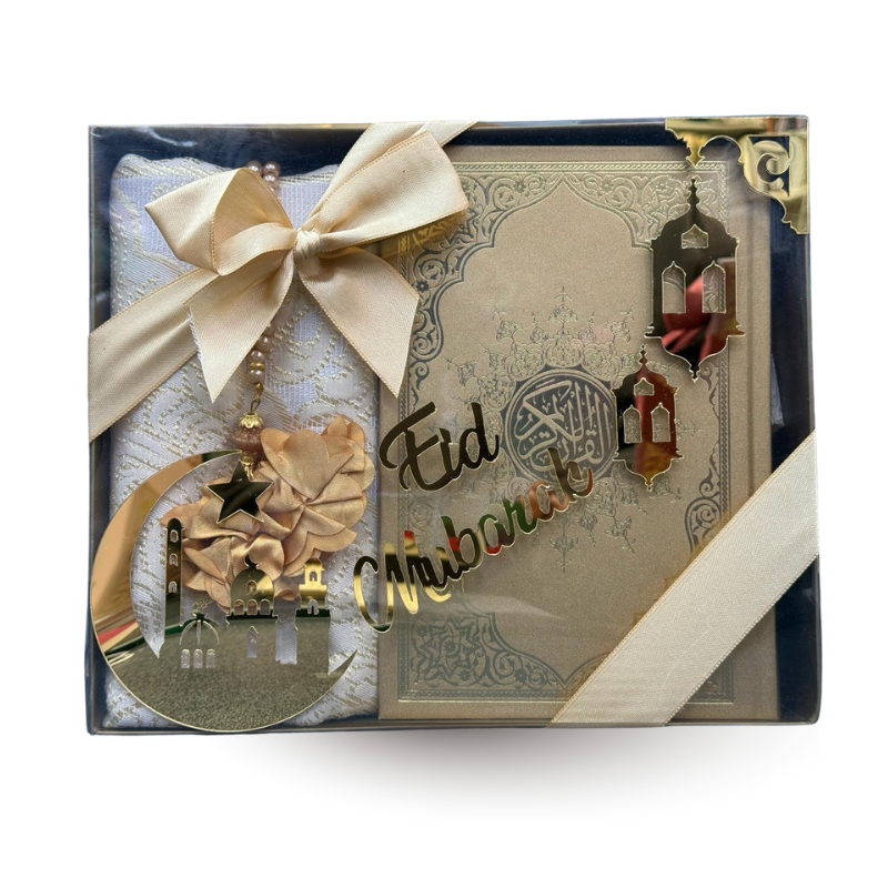 Coffret Eid Mubarak avec Coran arabe et français, tapis de prière et tasbih, édition Sana, design élégant et traditionnel