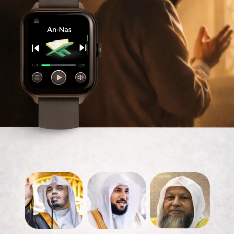 Montre connectée Iqibla Qwatch S6 avec affichage du Coran et Azan, design moderne pour la prière et la foi musulmane.