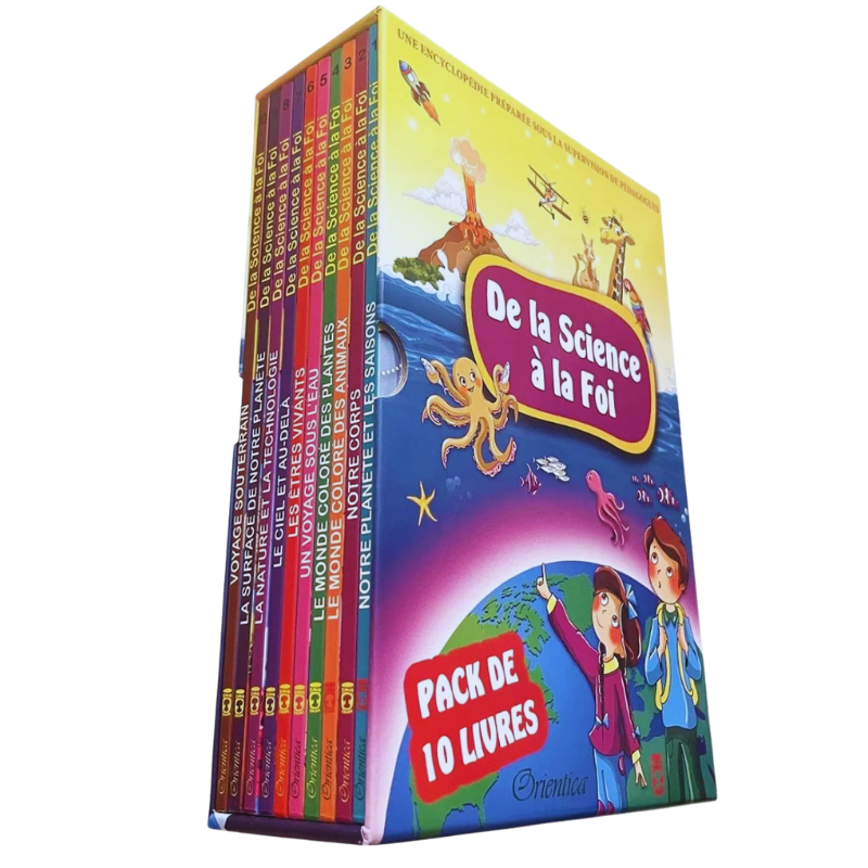 Livres pour enfants "La Science à la Foi" d'Orientica, ensemble de 10 livres avec couvertures colorées et illustrations éducatives.