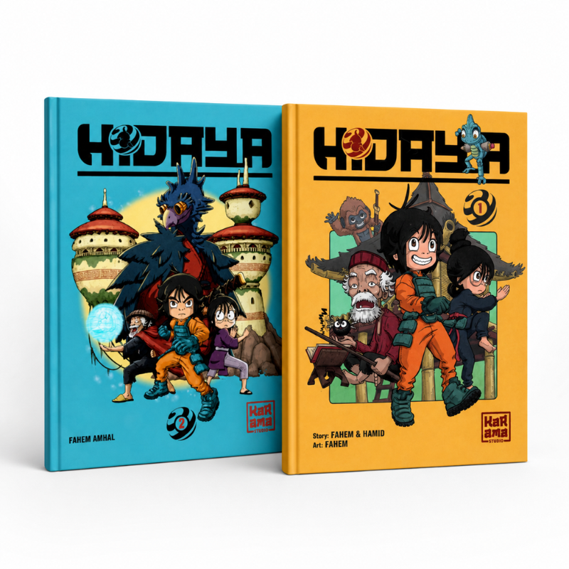 Livres pour enfants Hidaya Tomes 1 et 2 de Karama Studio, couverture avec illustrations colorées.