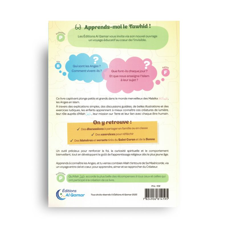 Livre pour enfants "Apprends-moi le Tawhid" d'Al Qamar, avec illustrations sur la croyance aux anges, couverture colorée.
