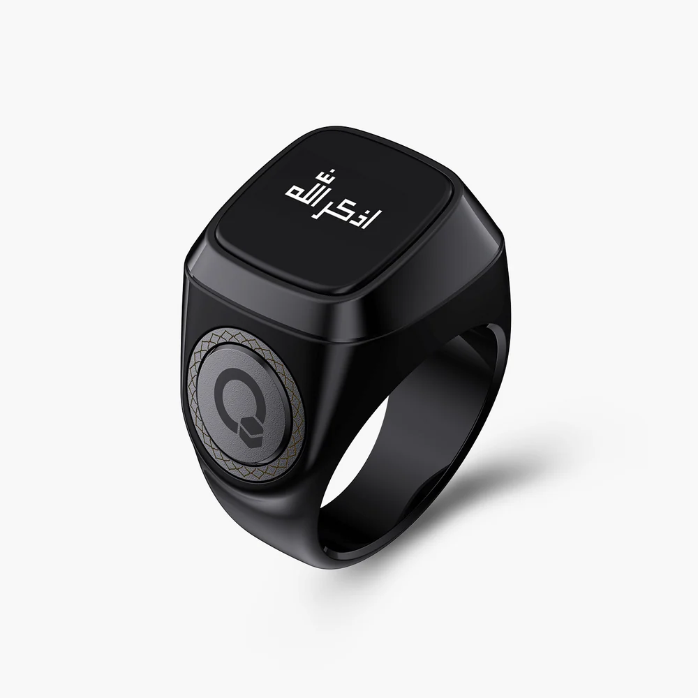Bague Tasbih connectée Iqibla en noir, compteur dhikr électronique intelligent, bracelet zikir pour la prière et la méditation.