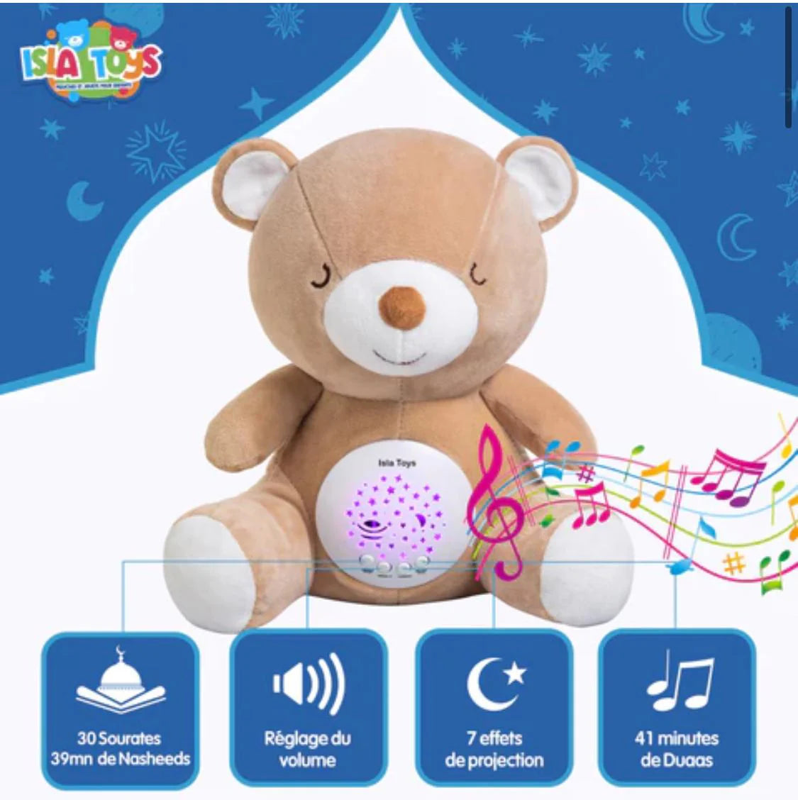 Ourson veilleuse coranique Amina, jouet électronique pour enfants, avec détecteur de pleurs, couleur rose, marque ISLATOYS.