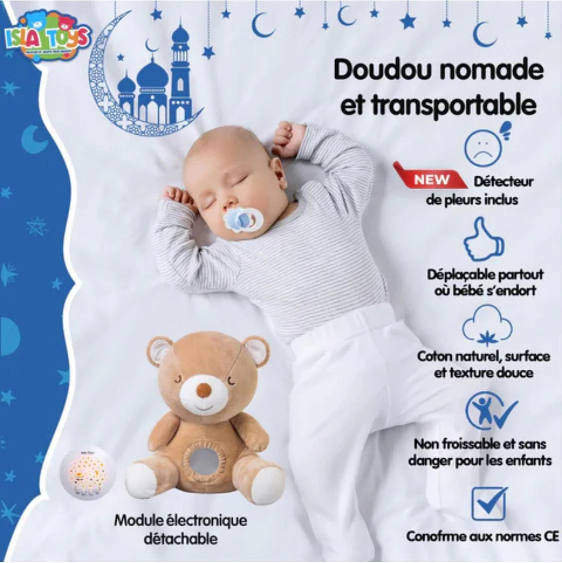 Ourson veilleuse coranique Amina de ISLATOYS, jouet électronique pour enfants, rose, avec détecteur de pleurs et lumière douce.