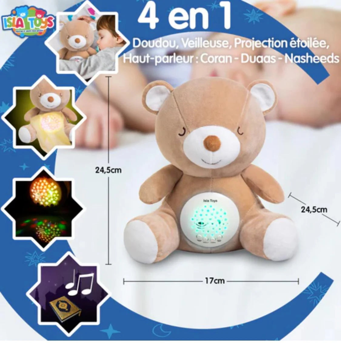 Ourson veilleuse coranique Amina pour enfants, jouet électronique rose avec détecteur de pleurs, marque ISLATOYS.