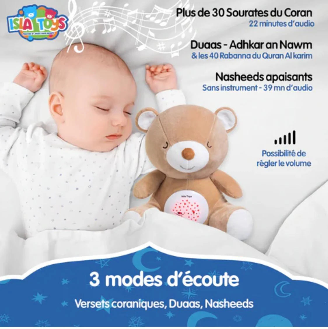 Ourson veilleuse coranique Amina pour enfants, jouet électronique rose avec détecteur de pleurs, de la marque ISLATOYS.