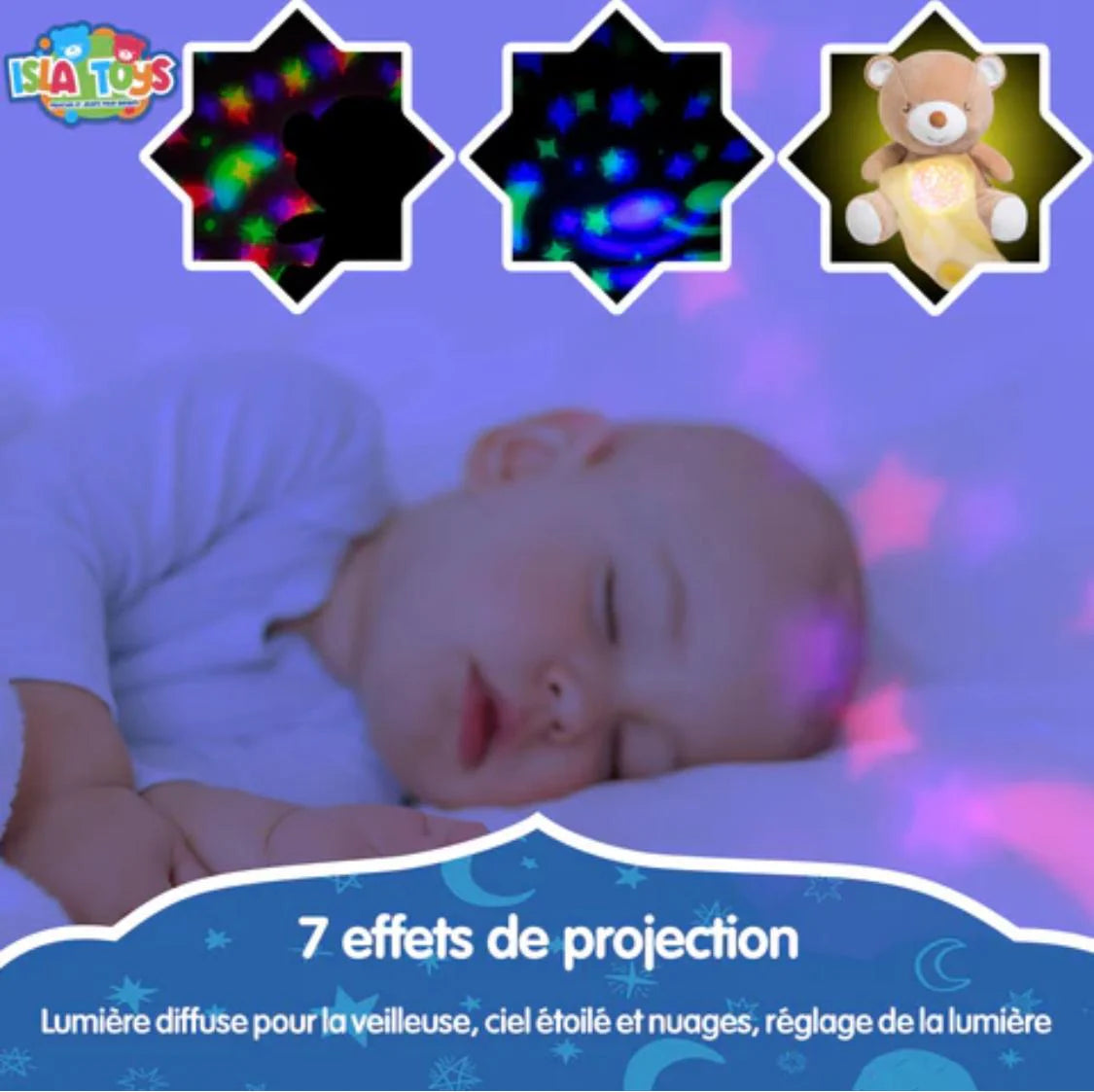 Ourson veilleuse coranique Amina rose, jeu électronique pour enfant avec détecteur de pleurs, marque ISLATOYS.