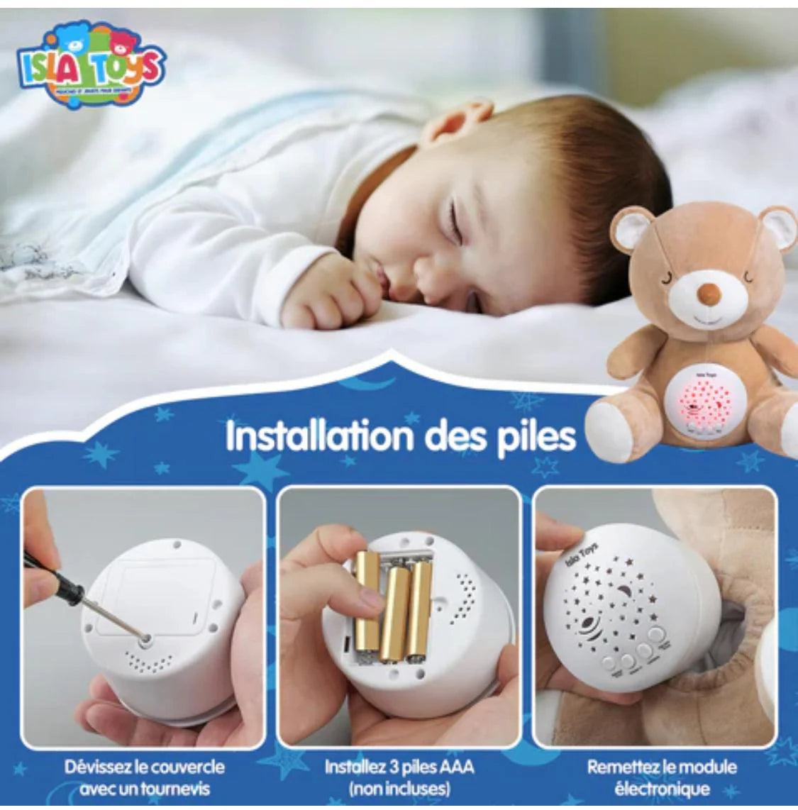 Ourson veilleuse coranique Amina pour enfants, jouet électronique rose avec détecteur de pleurs, marque ISLATOYS.