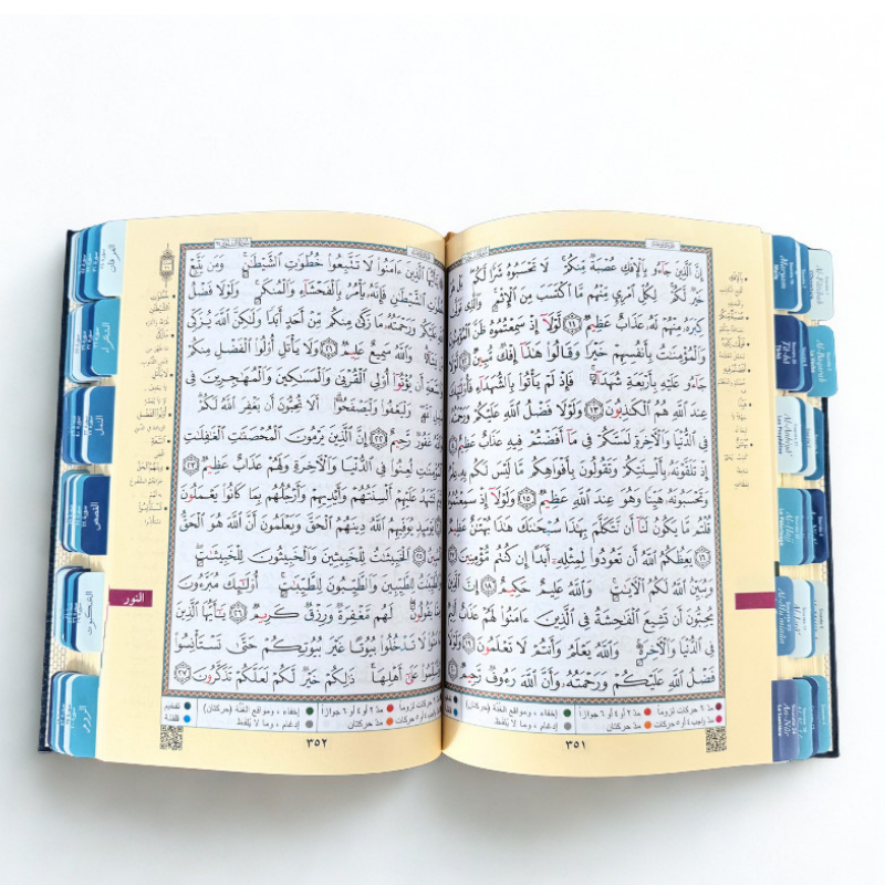 Autocollant Onglets Coran avec 114 sourates en français et arabe, turquoise, pour organiser le Coran.