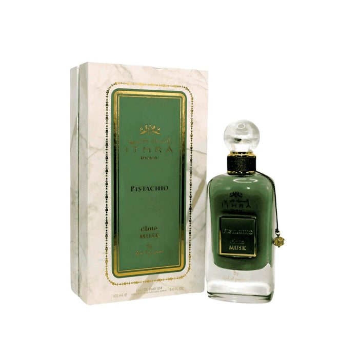 Parfum Ard Al Zaafaran Ithra Dubai Pistachio Musk 100 ml, flacon d'eau de parfum avec design élégant et inscription sur l'étiquette