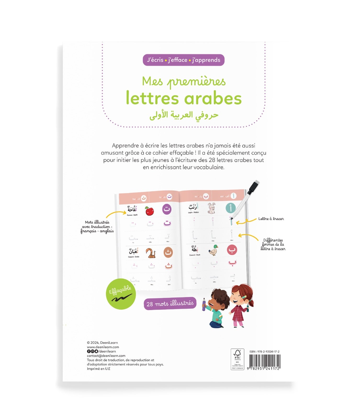 Livre d'apprentissage de l'arabe pour débutants de DeeniLearn, avec lettres arabes pour écrire, effacer et apprendre.