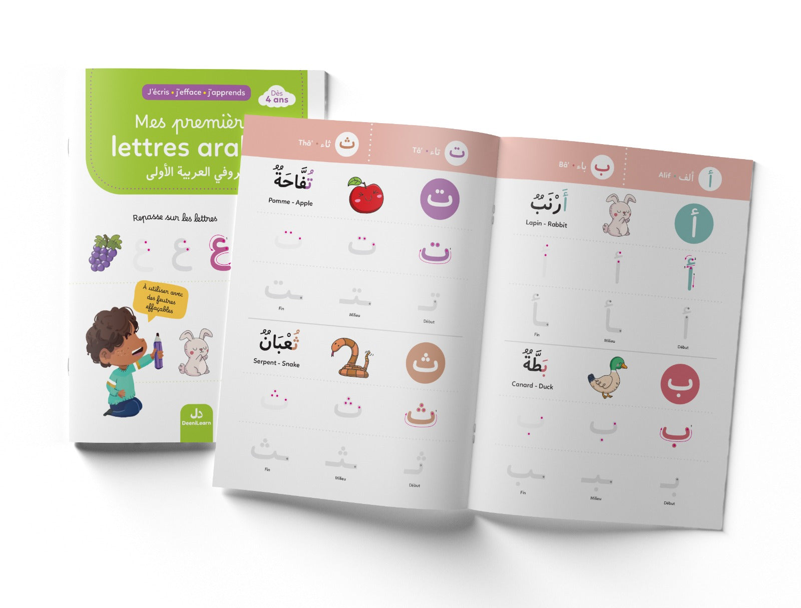 Livre pour apprendre l'alphabet arabe avec DeeniLearn, idéal pour débutants et jeunes enfants, illustré pour apprendre à écrire et effacer.