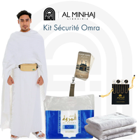 Kit Omra Librairie Al Minhaj avec antivols, comprenant des éléments de sécurité pour le voyage religieux en Arabie Saoudite.