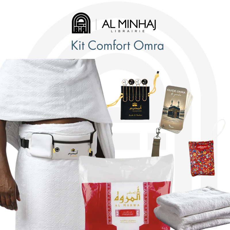 Kit Omra Comfort de Librairie Al Minhaj, pack haut de gamme avec accessoires pour le pèlerinage Omra.