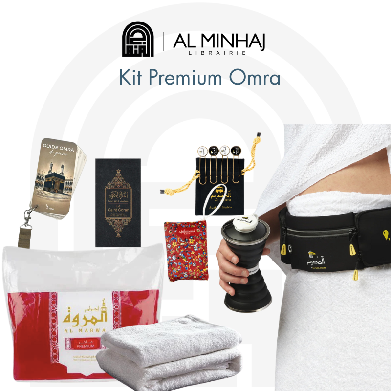 Kit Omra premium de haute qualité avec vêtements et accessoires, présenté dans un emballage élégant.