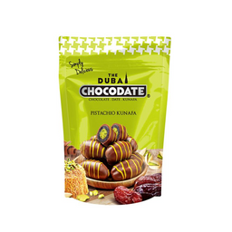 Dattes chocolatées Chocodate Pistache Kunafa avec une couche de dattes et pistaches, présentation appétissante et gourmande.