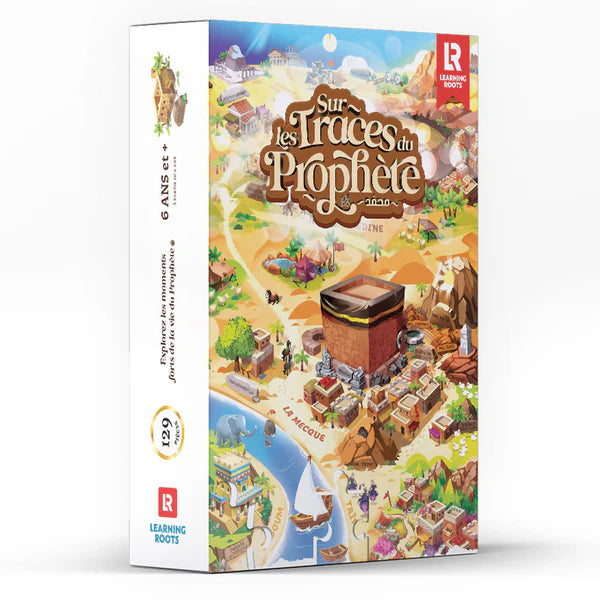 Jeu pour enfants « Sur Les Traces Du Prophète Muhammad ﷺ » de Learning Roots, avec des illustrations éducatives.