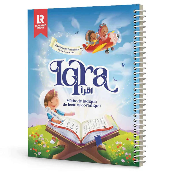 Livre enfant Learning Roots Iqra – Méthode ludique de lecture coranique, couverture colorée avec illustrations éducatives.