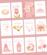 Jeu DeeniLearn Ma Première Année, cartes étape pour fille, activités éducatives pour enfants, illustrations colorées et ludiques.