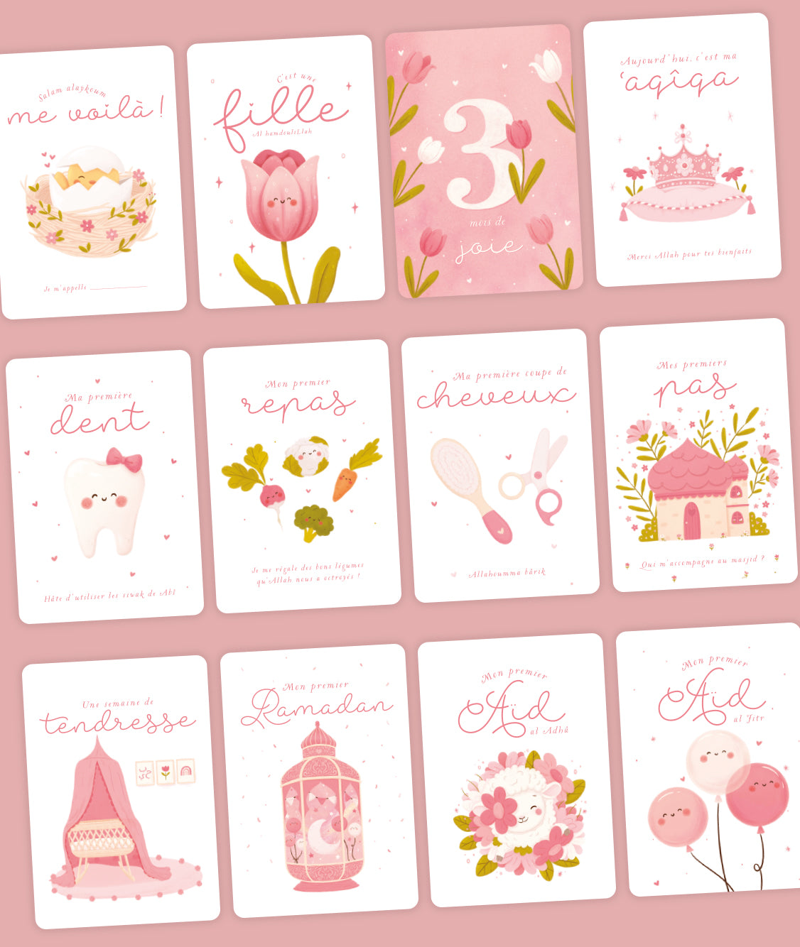 Jeu DeeniLearn Ma Première Année, cartes étape pour fille, activités éducatives pour enfants, illustrations colorées et ludiques.