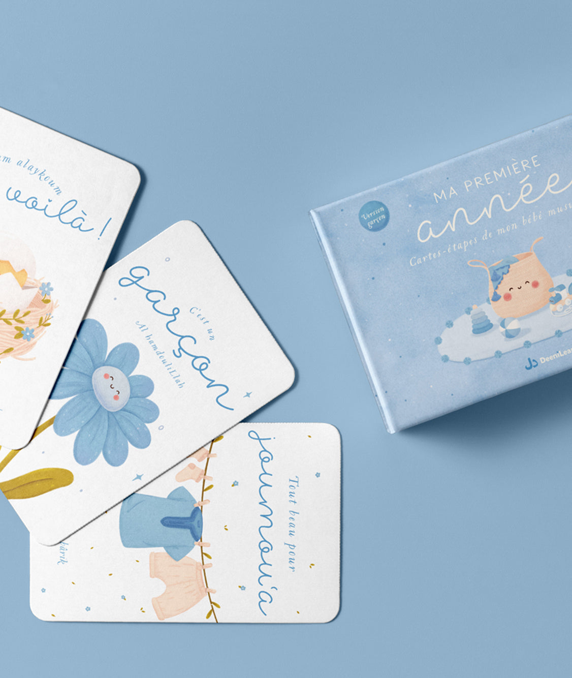 Jeu pour enfant DeeniLearn Ma Première Année – Cartes étapes pour garçon, illustrées avec des images colorées et éducatives.