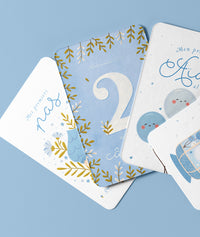 Jeu pour enfant DeeniLearn Ma Première Année, cartes d'étapes pour garçons, illustrations colorées et éducatives.