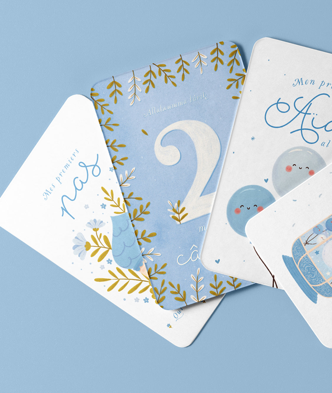 Jeu pour enfant DeeniLearn Ma Première Année, cartes d'étapes pour garçons, illustrations colorées et éducatives.