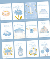 Jeux pour enfant DeeniLearn Ma Première Année, cartes étapes pour garçon, illustrées avec des images colorées et éducatives.