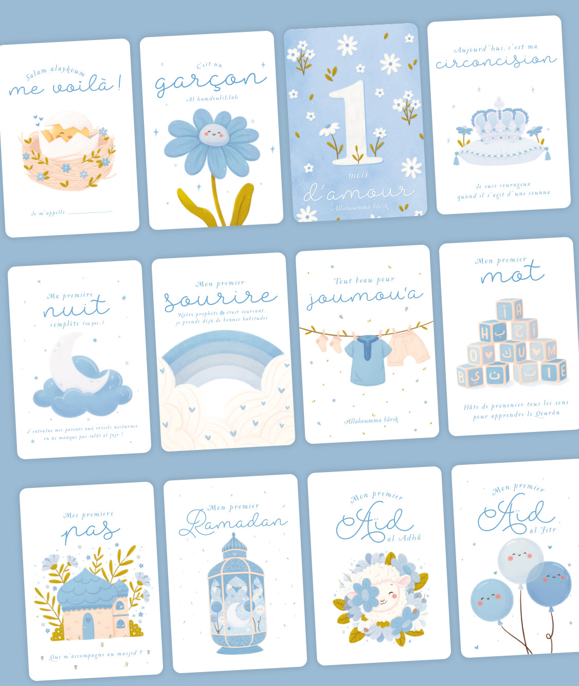 Jeux pour enfant DeeniLearn Ma Première Année, cartes étapes pour garçon, illustrées avec des images colorées et éducatives.
