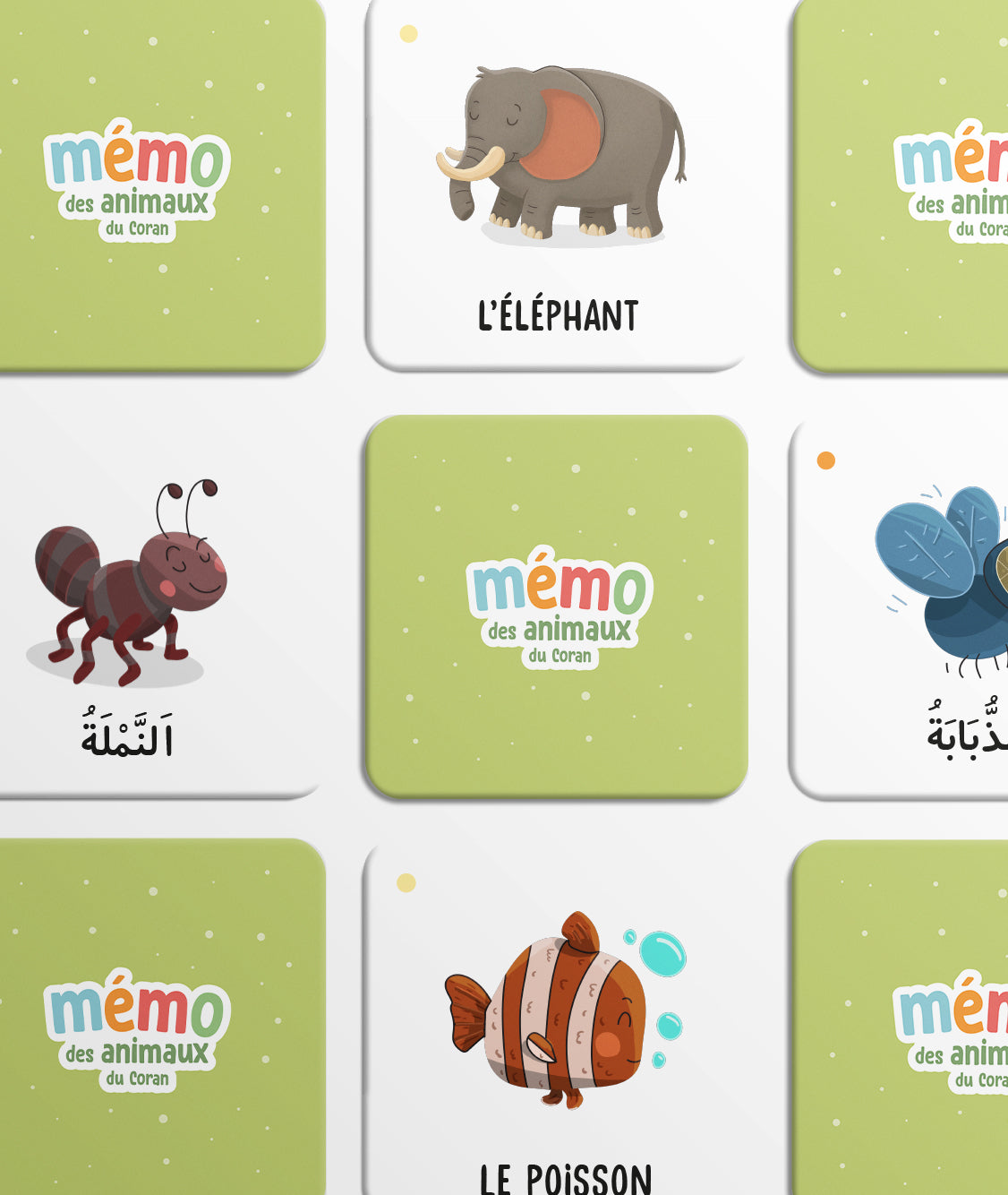 Jeu éducatif Mémo des Animaux du Coran par DeeniLearn, cartes illustrées avec animaux mentionnés dans le Coran.
