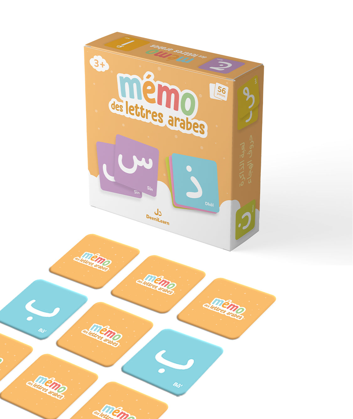 Mémo des lettres arabes, jeu éducatif DeeniLearn pour apprendre l'alphabet arabe de manière ludique et pédagogique.