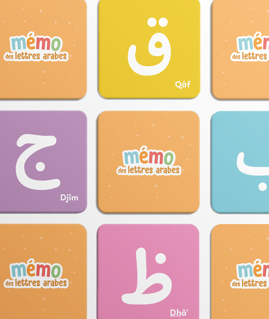 Mémo des lettres arabes éducatif de DeeniLearn, jeu éducatif pour apprendre l'alphabet arabe de manière ludique.