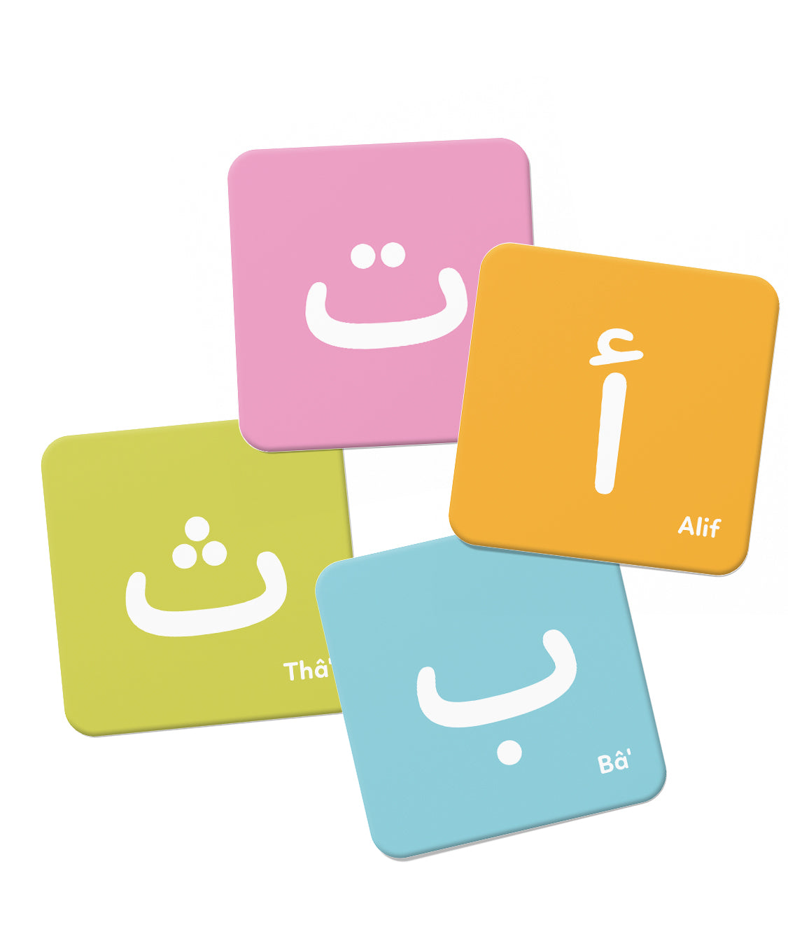 Mémo des lettres arabes, jeu éducatif de DeeniLearn, avec cartes illustrant les lettres arabes pour l'apprentissage.