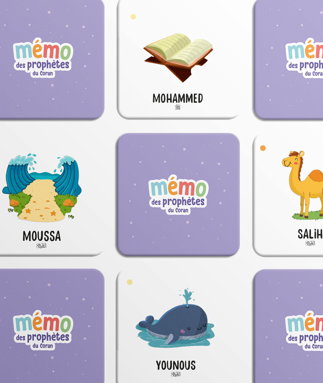 Jeu éducatif Mémo des Prophètes du Coran de DeeniLearn avec cartes illustrant les prophètes islamiques.