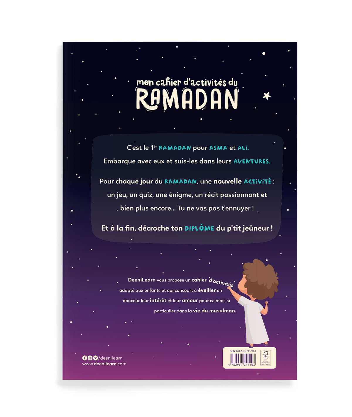Cahier d’activités du Ramadan pour enfants de 6 ans de la marque DeeniLearn, avec illustrations et exercices éducatifs.