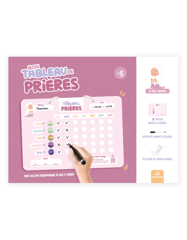 Tableau effaçable de prières rose de DeeniLearn, suivi hebdomadaire avec boîte de rangement, pour la prière et la méditation.