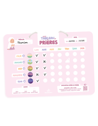 Tableau effaçable de prières rose de DeeniLearn, suivi hebdomadaire pour la prière et la méditation.