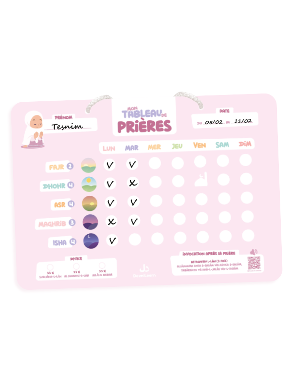 Tableau effaçable de prières rose de DeeniLearn, suivi hebdomadaire pour la prière et la méditation.