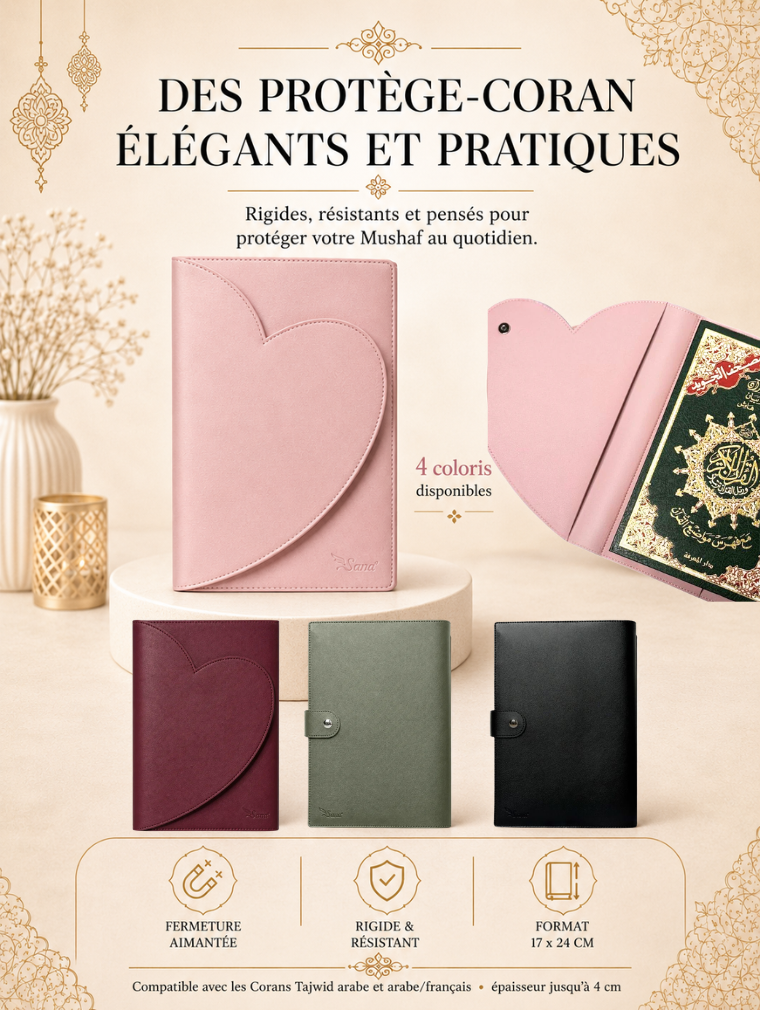 Protège-Coran élégants en cuir, coloris rose, bordeaux et vert