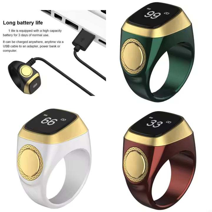 Bague Tasbih connectée Iqibla, compteur dhikr électronique élégant, en métal argenté avec écran digital, portée sur un doigt.