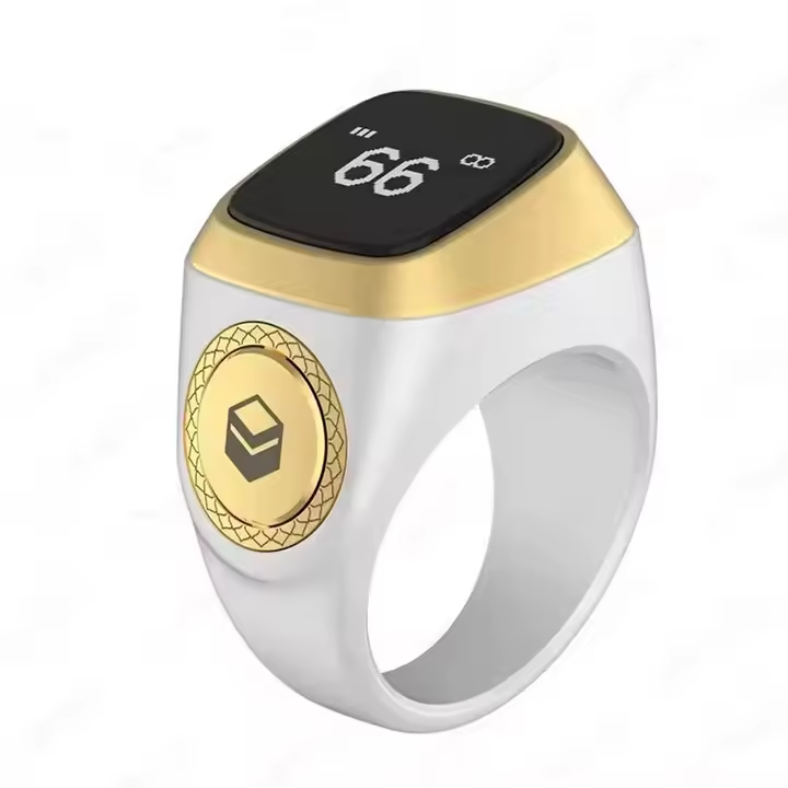 Bague Tasbih Connectée Zikr Ring Iqibla, appareil électronique intelligent pour compter le dhikr, en métal avec écran intégré.