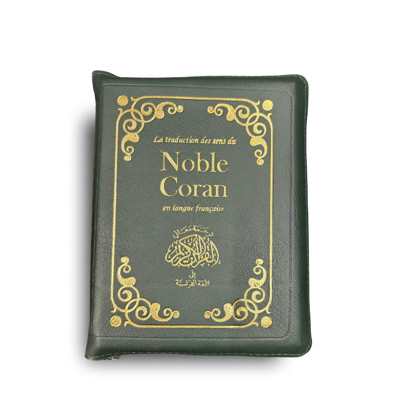 Coran en français Sana Édition, format poche 12x17 cm avec fermeture éclair, image d'une page du Coran en version PDF.