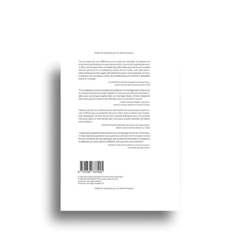 Livre "Avant de se dire Oui" de Salma Abugideiri et Mohamed Hag Magid, guide du mariage musulman, couverture avec titre visible.
