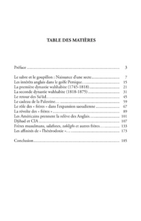 Table des matières du livre Le Wahhabisme – Histoire d'une secte d'Alif Edition, montrant les chapitres et sections.