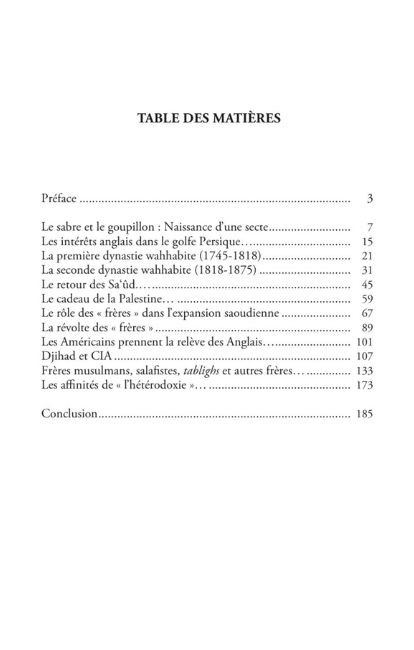 Table des matières du livre Le Wahhabisme – Histoire d'une secte d'Alif Edition, montrant les chapitres et sections.