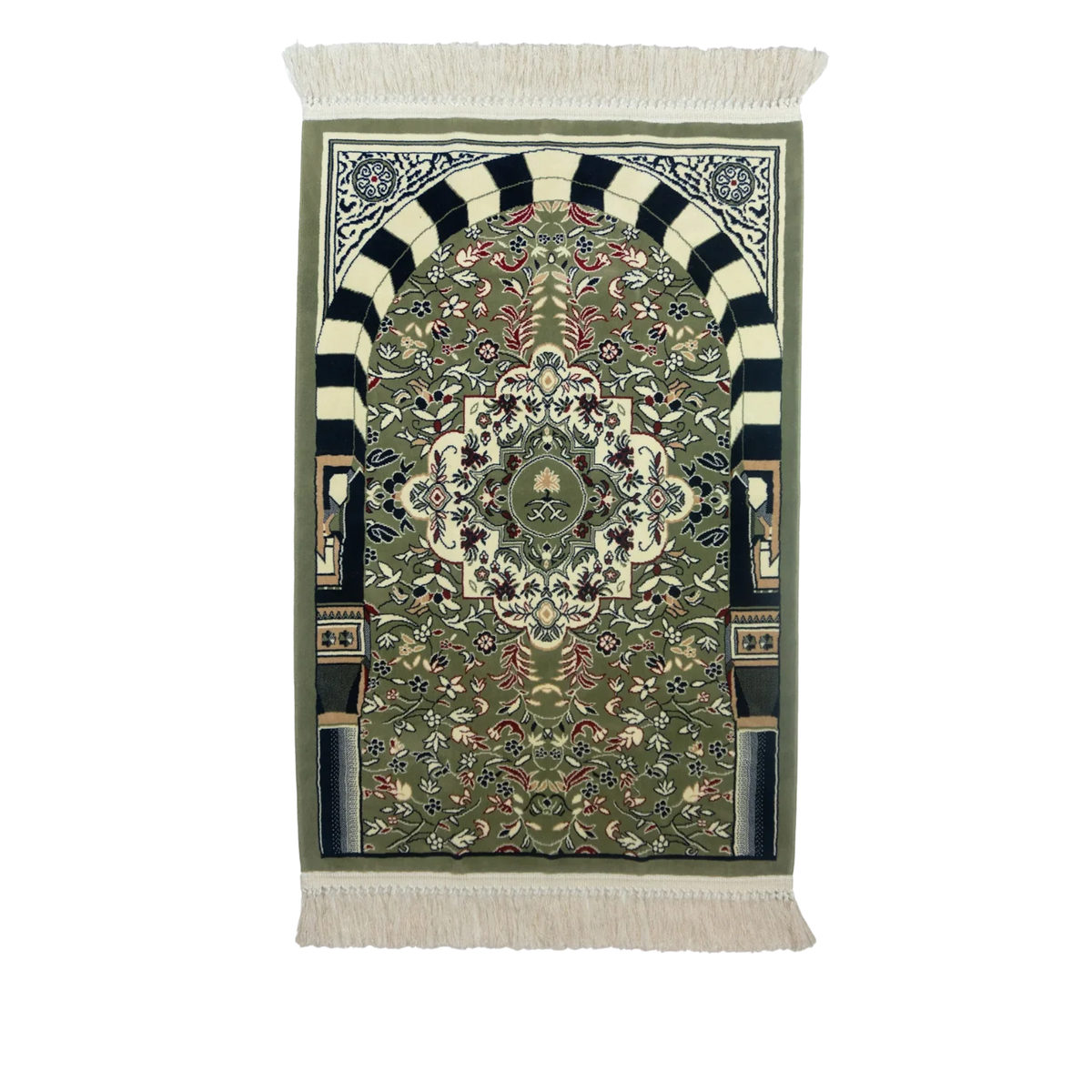 Tapis de prière Nusuki Riyadh Al Salihyen en velours vert, design élégant, idéal pour la prière musulmane.