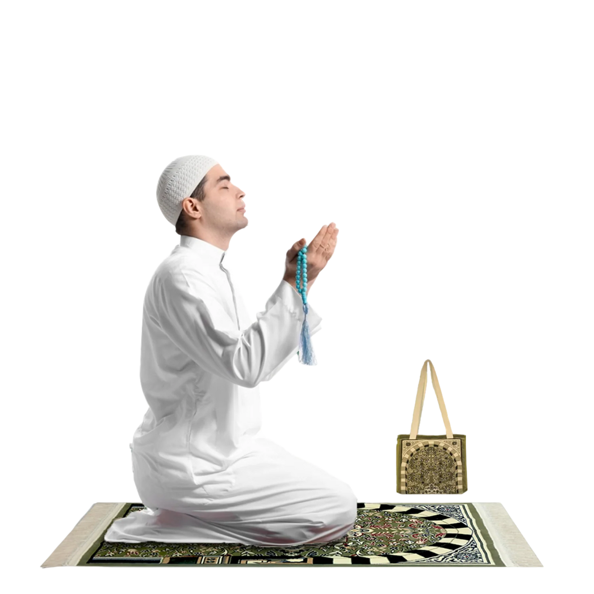 Tapis de prière Nusuki Riyadh Al Salihyen en velours luxe vert, pièce élégante pour la prière musulmane.