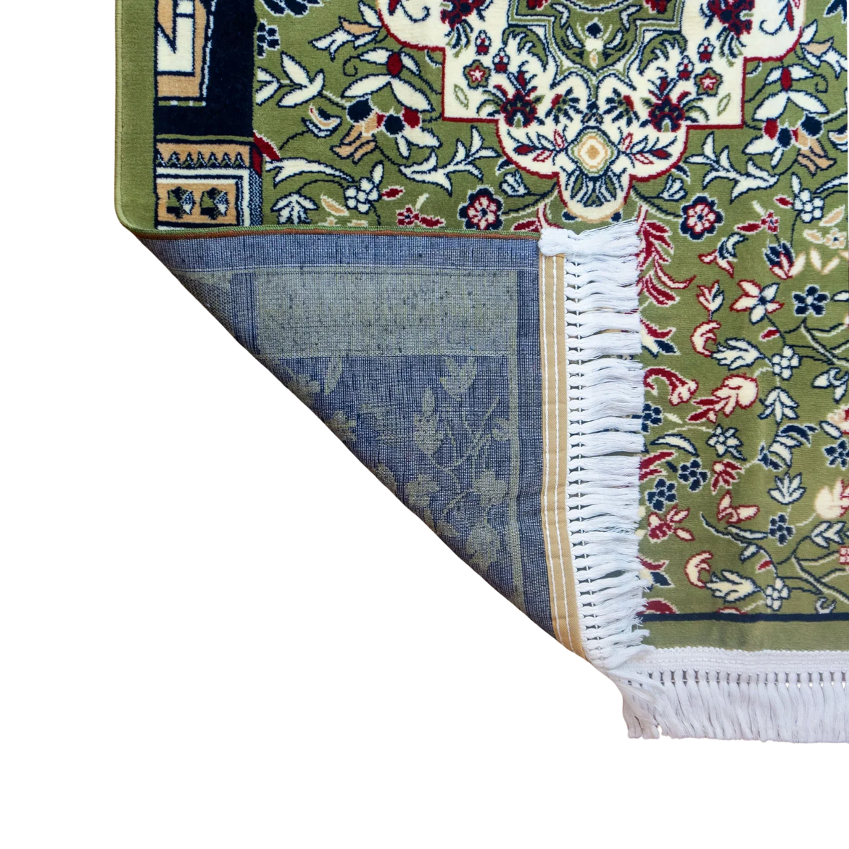 Tapis de prière vert en velours luxe Nusuki Riyadh Al Salihyen, design élégant et doux pour la pratique religieuse.